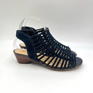 6W 6 WIDE WIDTH Bella Vita Pacey Navy Blue Suede Leather Gladiator Wedge Sandals